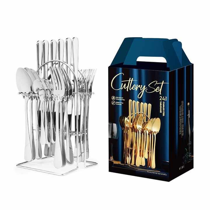 Silver Silverware Cutlery Set 24 Piece With Stand Tableware Stainless Steel Flatware Dinnerware Sets